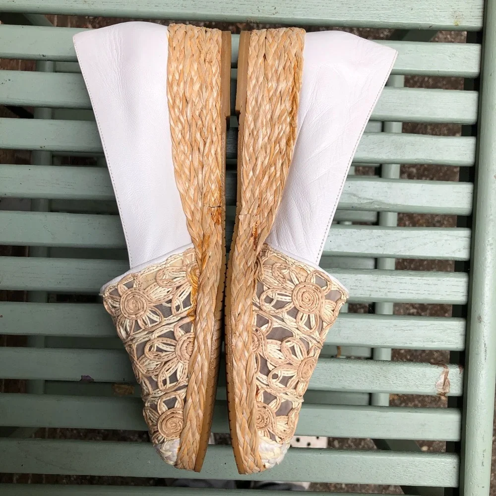 Stuart Weitzman  Cream White Leather/Straw Wedge - Picture 6 of 9